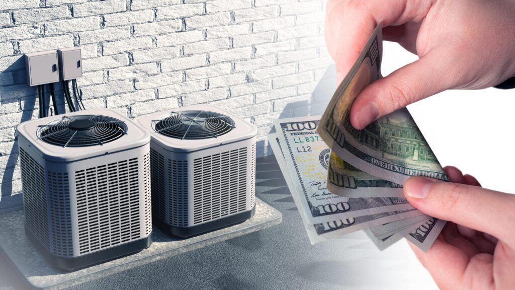 Air conditioning units near wall. Money for purchase of ventilation equipment. External air conditioning pumps with fans. Ventilation equipment near building. Cost concept for vents system