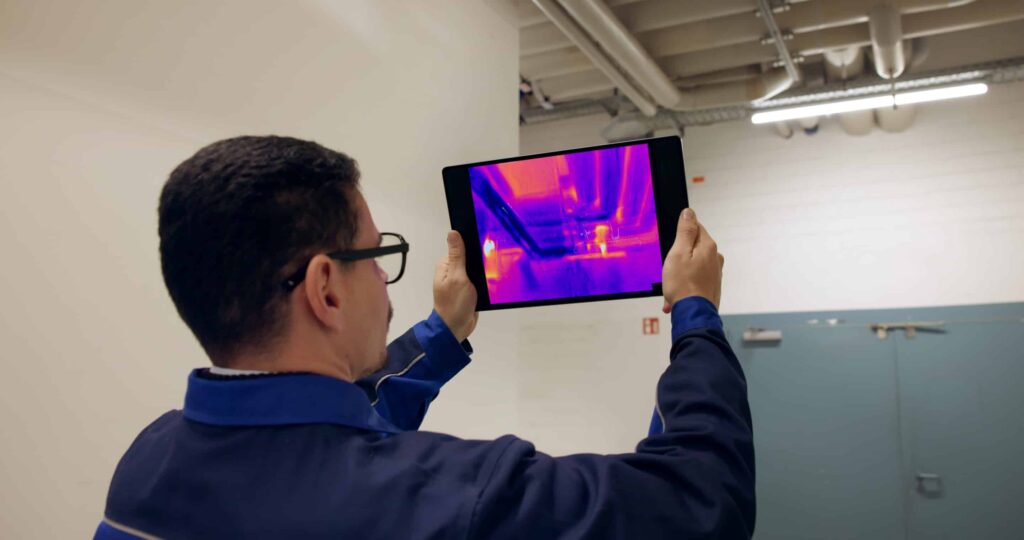 Engineer Using Thermal Camera To Check Heat Loss Brothers Comfort Services performing home energy leak detection checks